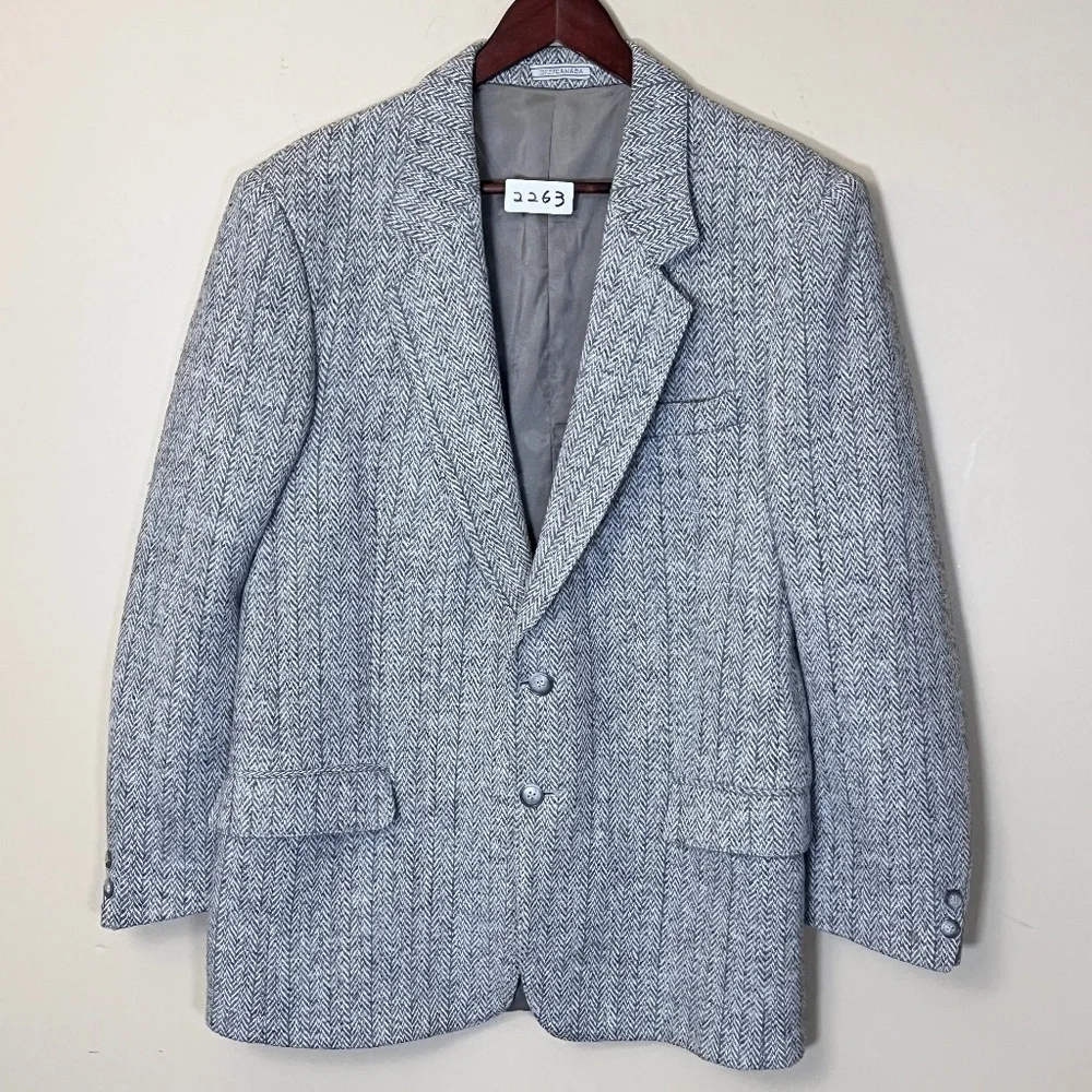 Harris Tweed Wool Herringbone Sport Coat Blazer Jacket - Men's Size 42R - Gray